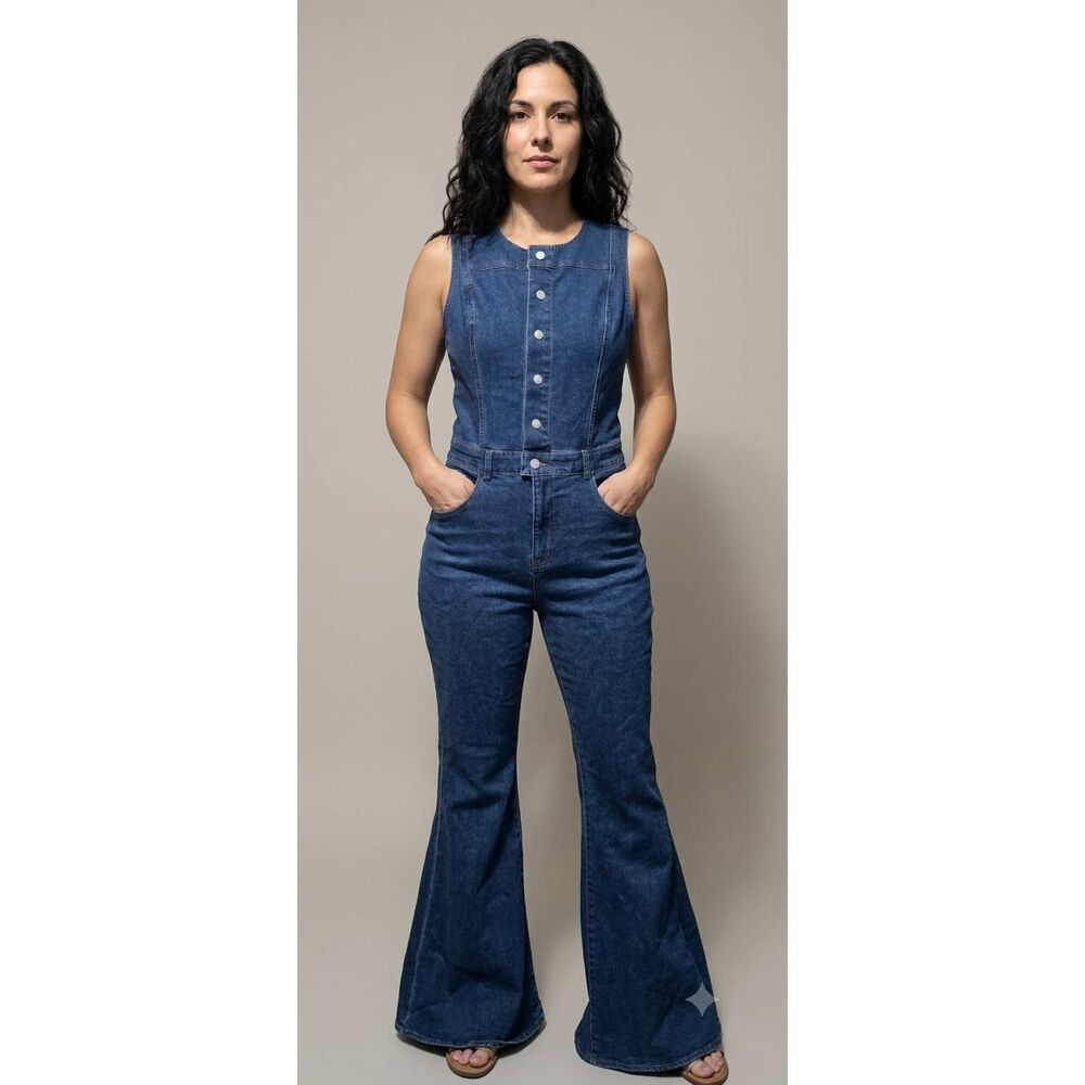 Blue B Collection Denim Jean Wide Leg Bell Bottom Jumpsuit Jumper Medium Western